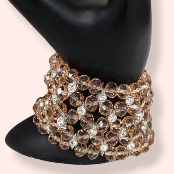 (2/$20) Pink Glass & Rhinestone Stretch Cuff - Picture 2 of 5